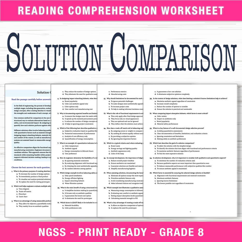 Grade 8 Science worksheet worksheet — Grade 8 Science | Solution Comparison Worksheet (PDF + Answer Key) — page 1