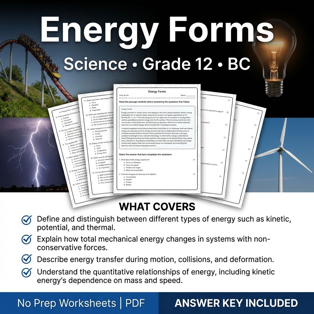 Energy Forms Worksheet for Grade 12 Science | PDF with Answer Key