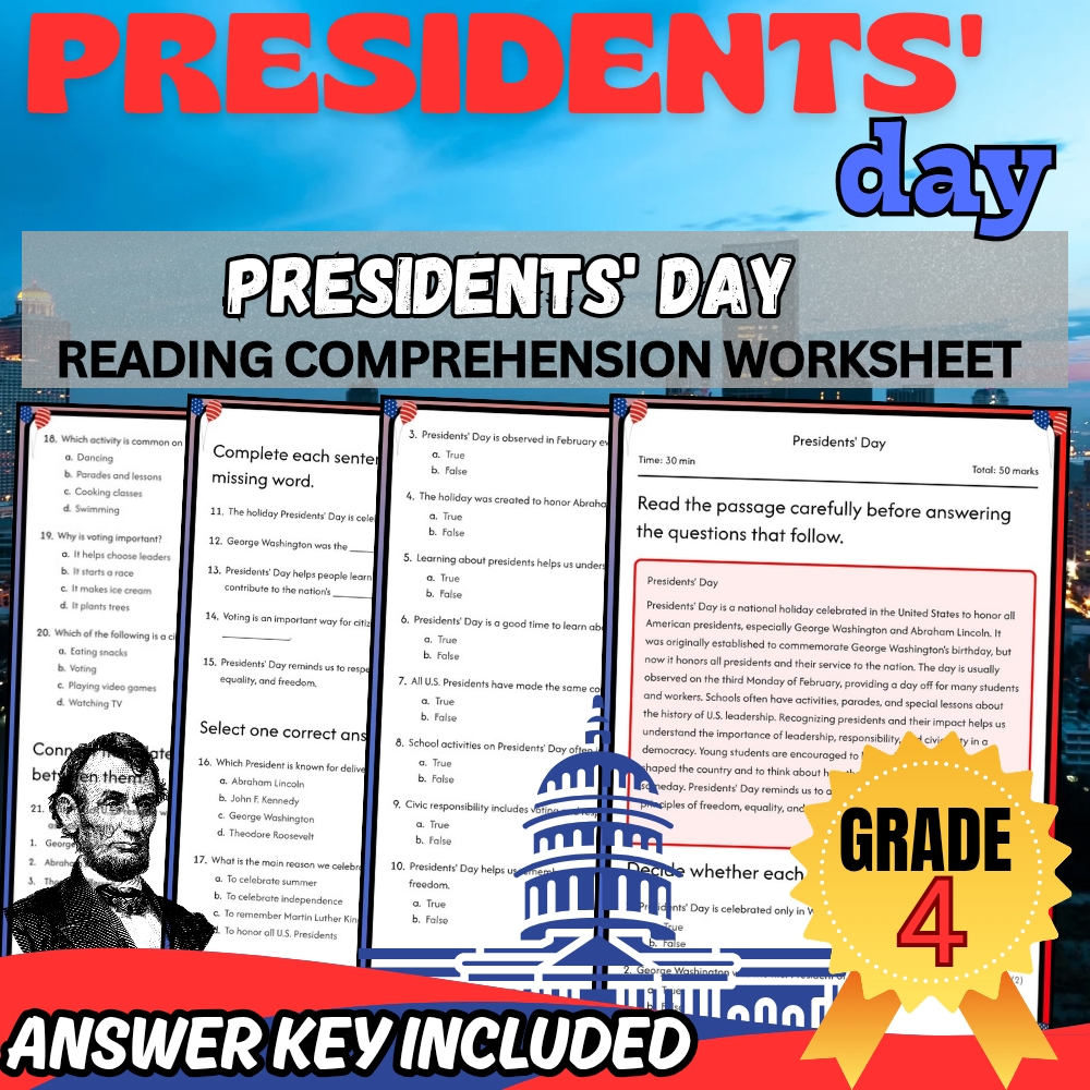 Grade 4 |Presidents' Day Worksheet for Mastering U.S. History | PDF + Answer Key