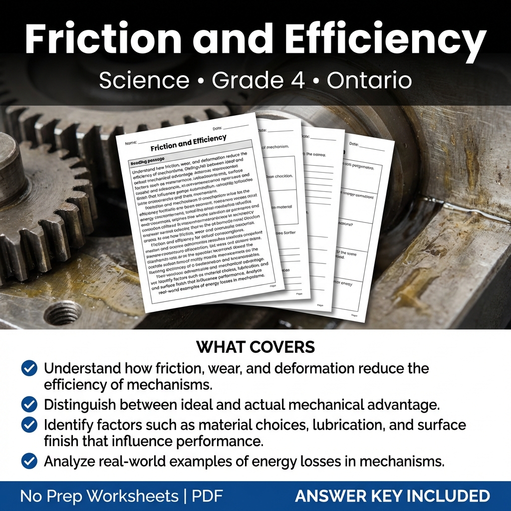 Friction and Efficiency Grade 4 Science Worksheet | Ontario Standards
