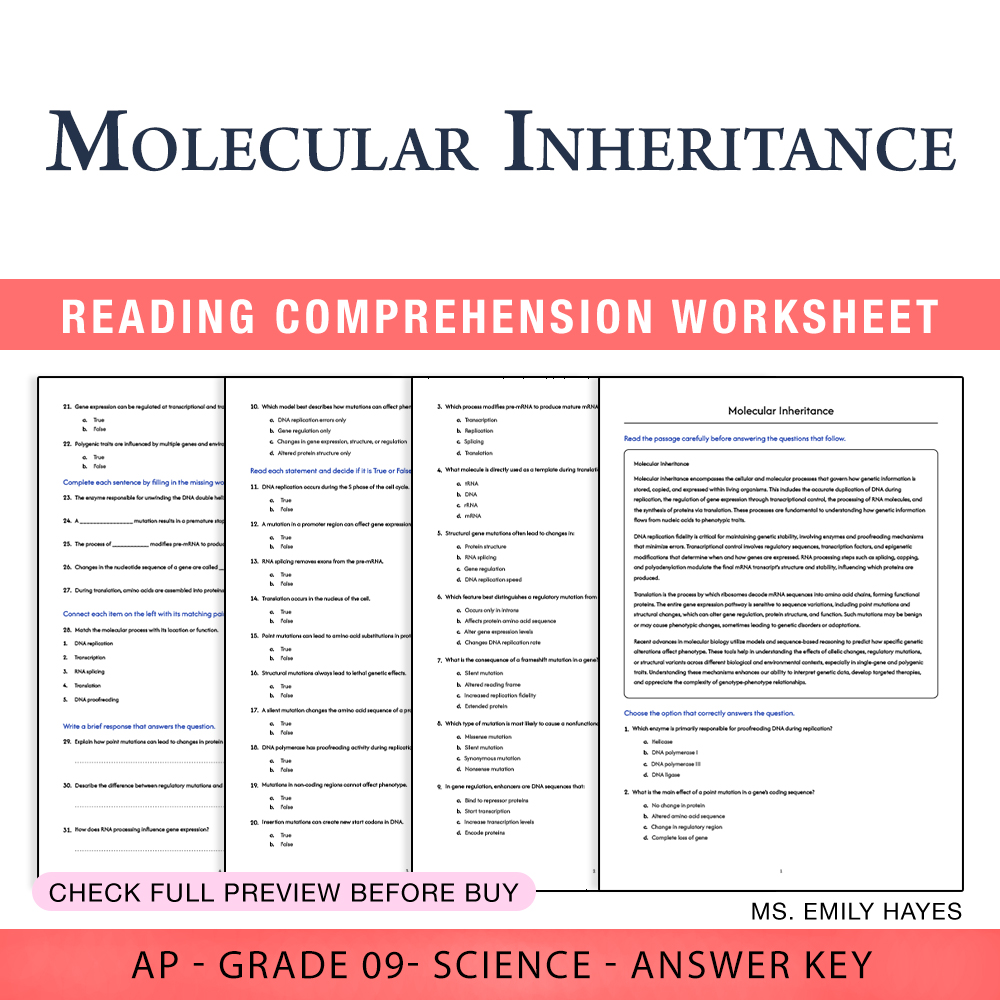 Grade 9 Science worksheet worksheet — 9th Grade Science | Molecular Inheritance Worksheet (PDF+ Answer Key) — page 1