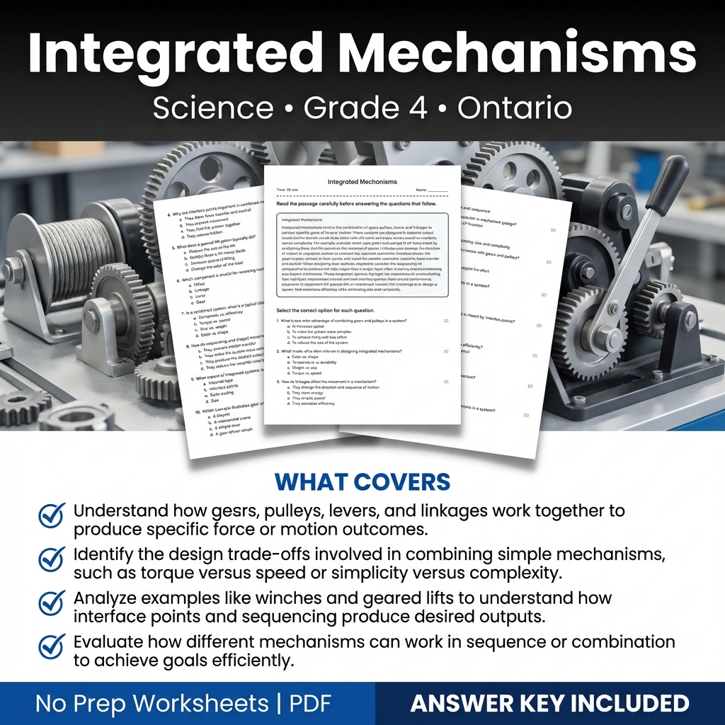 Integrated Mechanisms Science Worksheet for Grade 4 | Ontario Standards