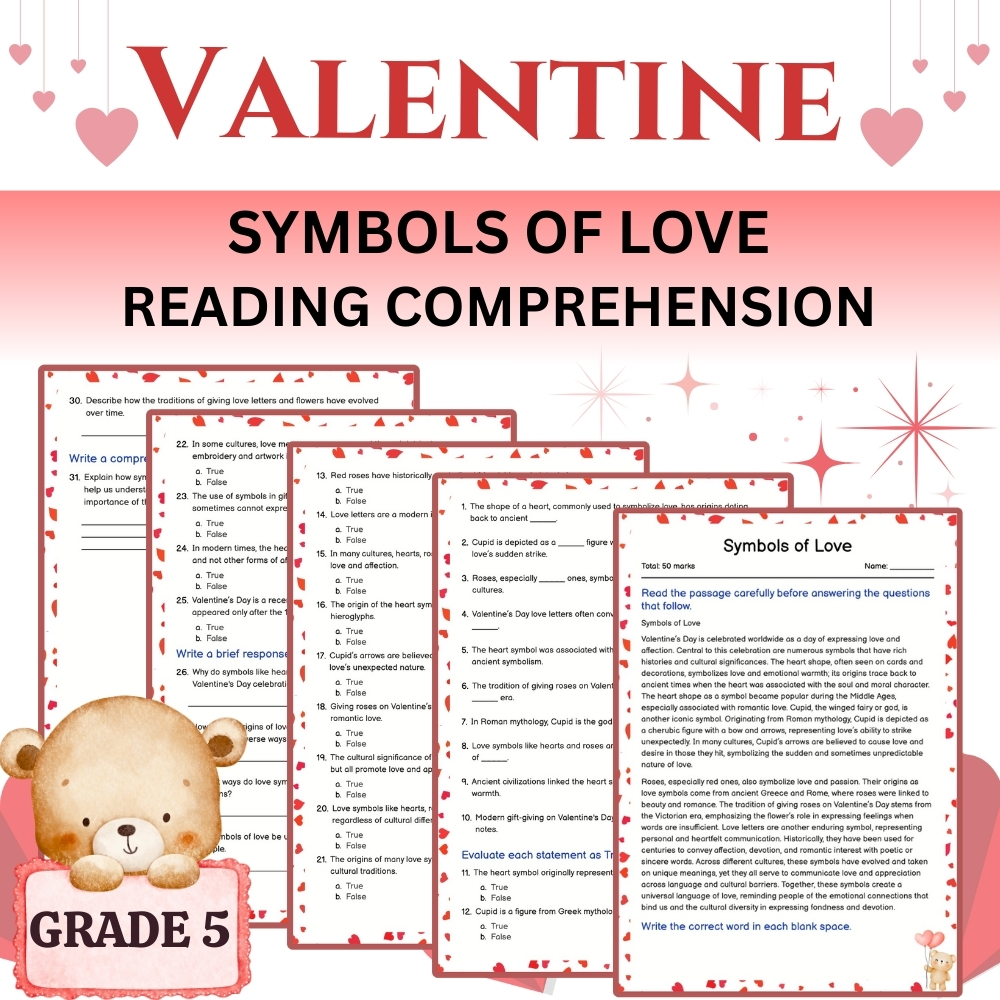 Grade 5 Seasonal Symbols of Love Worksheet – Valentine  (PDF)