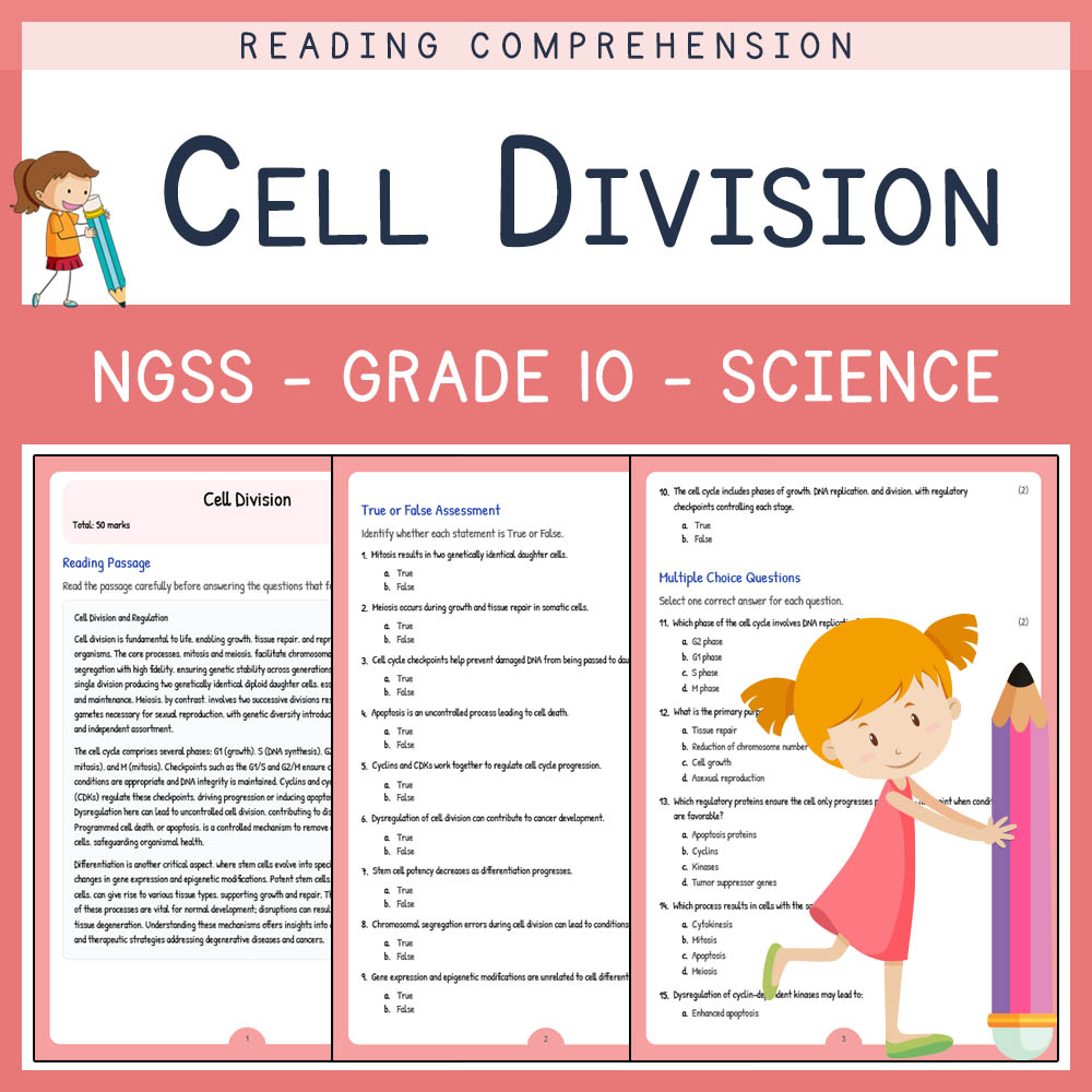 Grade 10 Science worksheet worksheet — Grade 10 Science | Cell Division Worksheet with Answer Key (NGSS Aligned) — page 1