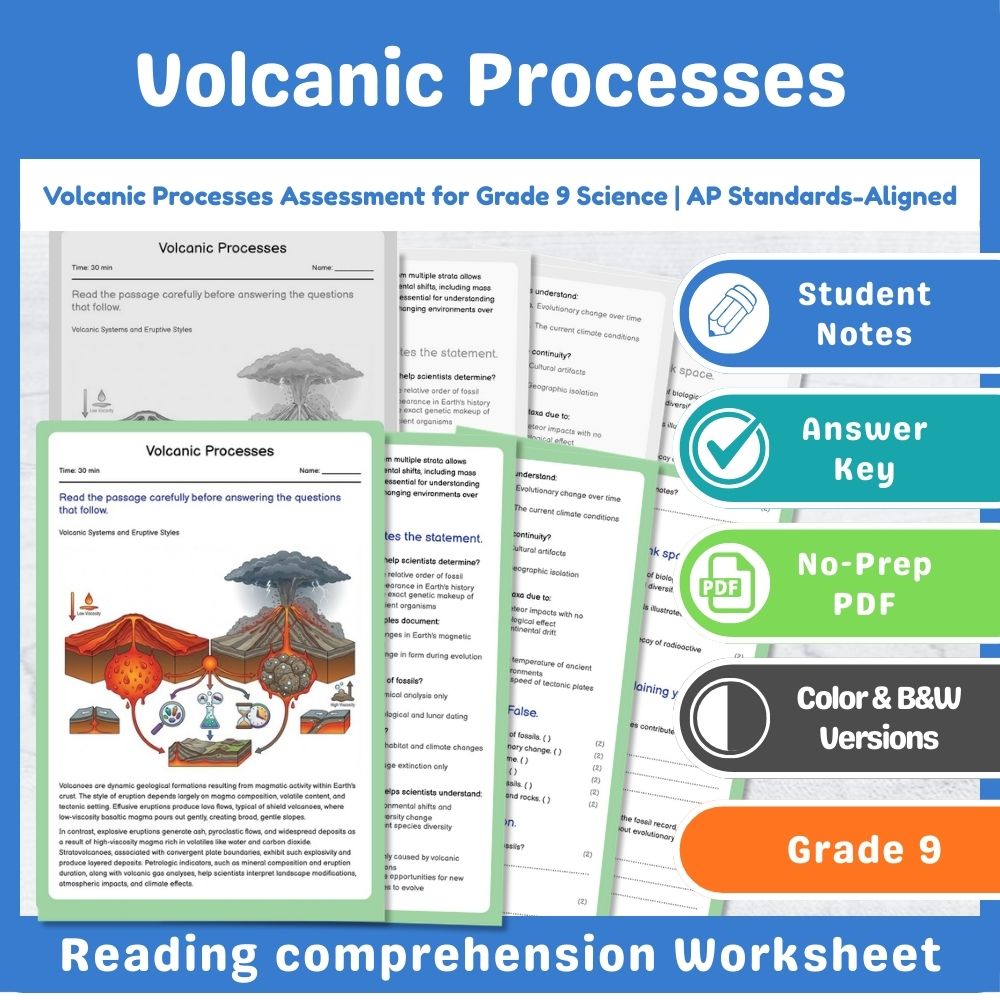 Grade 9 Science assessment worksheet — Volcanic Processes Assessment for Grade 9 Science | AP Standards-Aligned — page 1