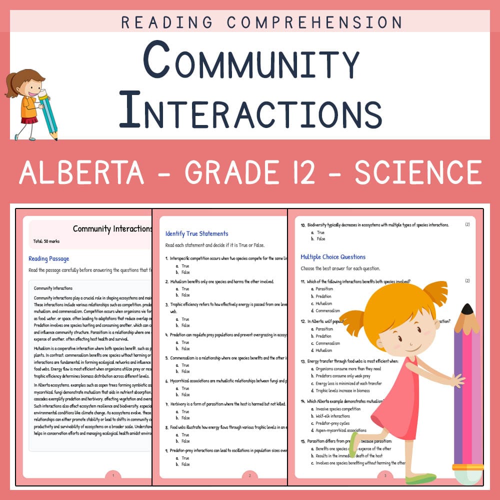 Grade 12 Science worksheet elena worksheet — Grade 12 Science | Community Interactions Worksheet | Alberta Standards — page 1