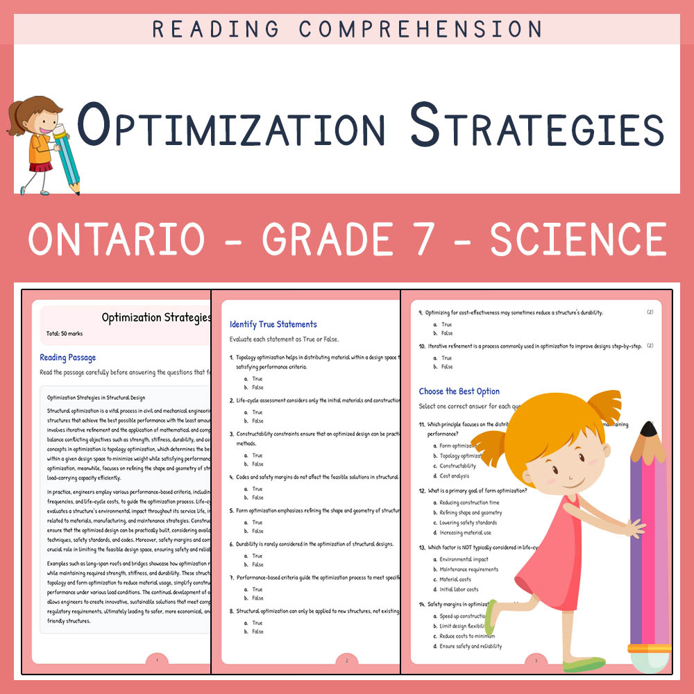 Grade 7 Science worksheet elena worksheet — Grade 7 Science Assessment | Optimization Strategies Worksheet | Ontario — page 1