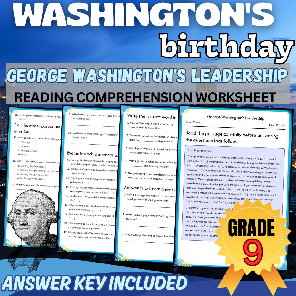 Grade 9  |George Washington's Leadership Worksheet for Mastery| PDF + Answer Key