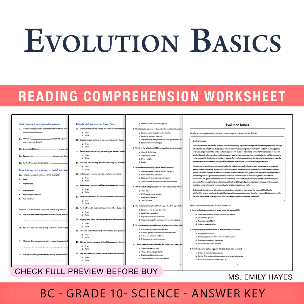 Grade 10 Science worksheet worksheet — Grade 10 Science | Evolution Basics Worksheet (PDF+ Answer Key) — page 1