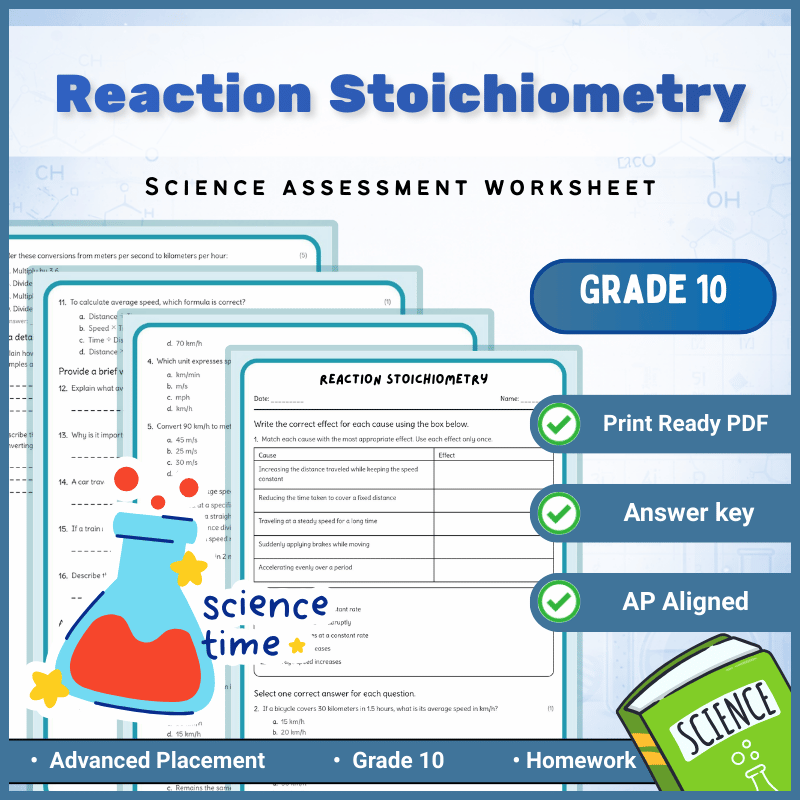 Grade 10 Science | Reaction Stoichiometry Worksheet + Answer Key (AP Standard)
