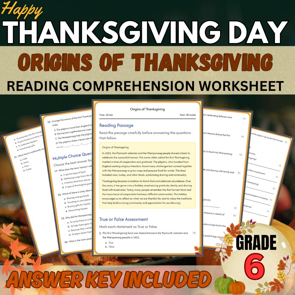 Grade 6 |Thanksgiving Origins Worksheet for Mastering History | PDF + Answer Key
