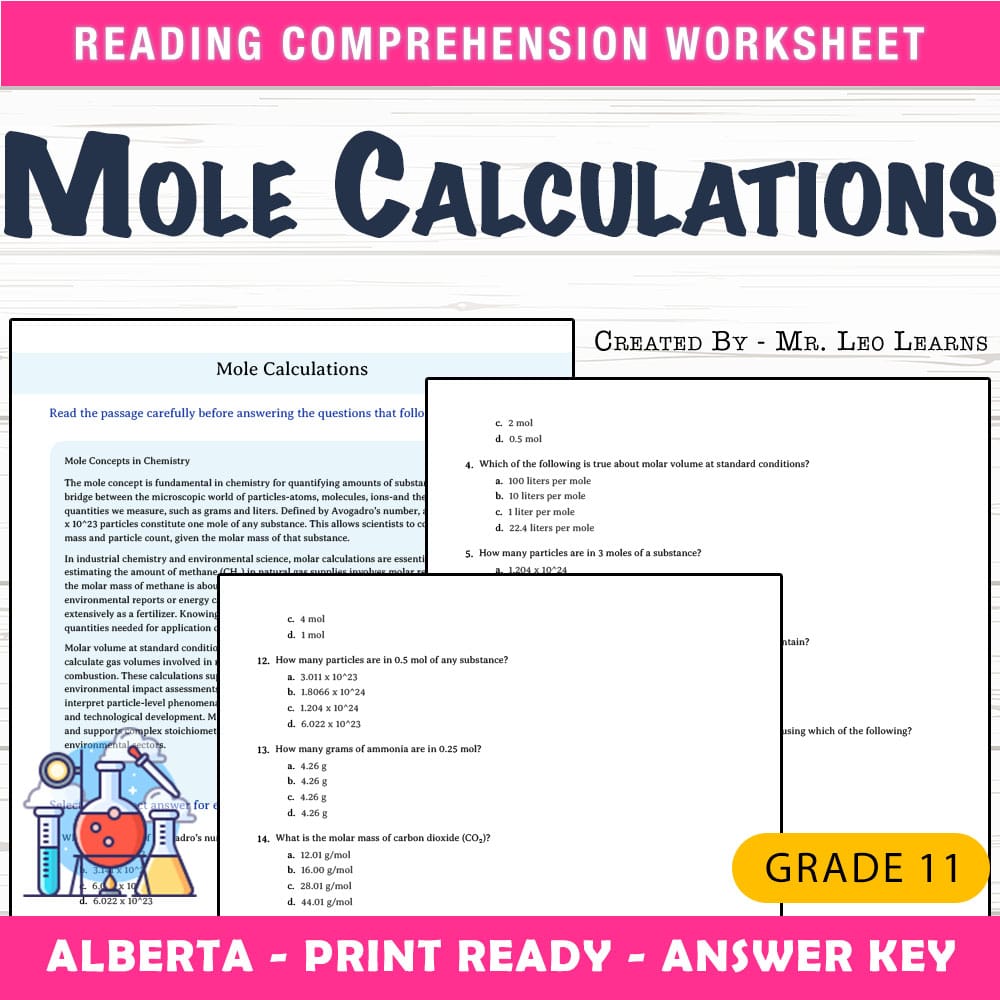 Grade 11 Science worksheet mcq paper worksheet — Grade 11 Science — Mole Calculations Worksheet MCQ Paper — page 1
