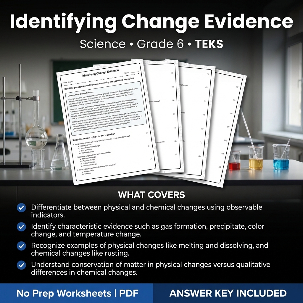 Grade 6 Science Worksheet on Identifying Change Evidence | TEKS Practice