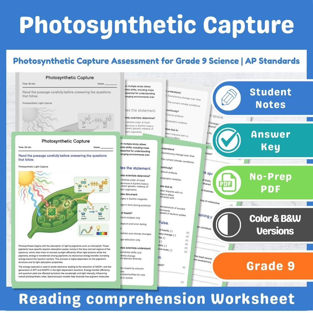 Grade 9 Science assessment worksheet — Photosynthetic Capture Assessment for Grade 9 Science | AP Standards — page 1