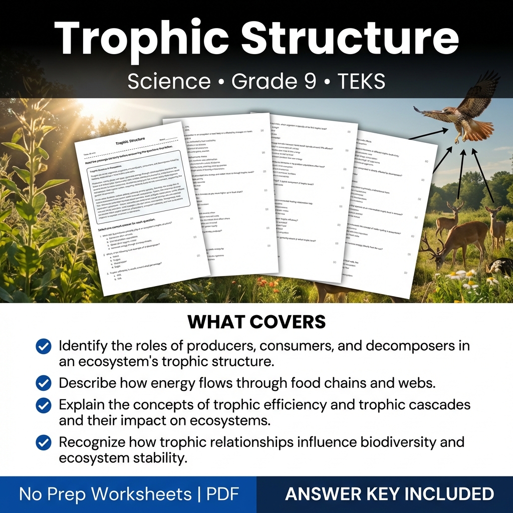 Grade 9 Science Worksheet on Trophic Structure | TEKS Aligned