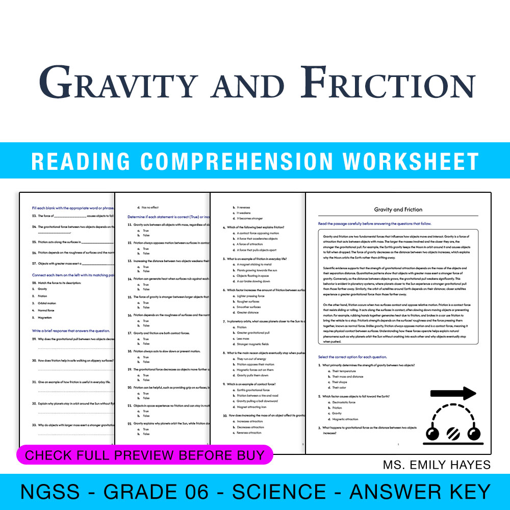 Grade 6 Science worksheet — 6th Grade Science | Gravity and Friction Worksheet (PDF + Answer Key) — page 1