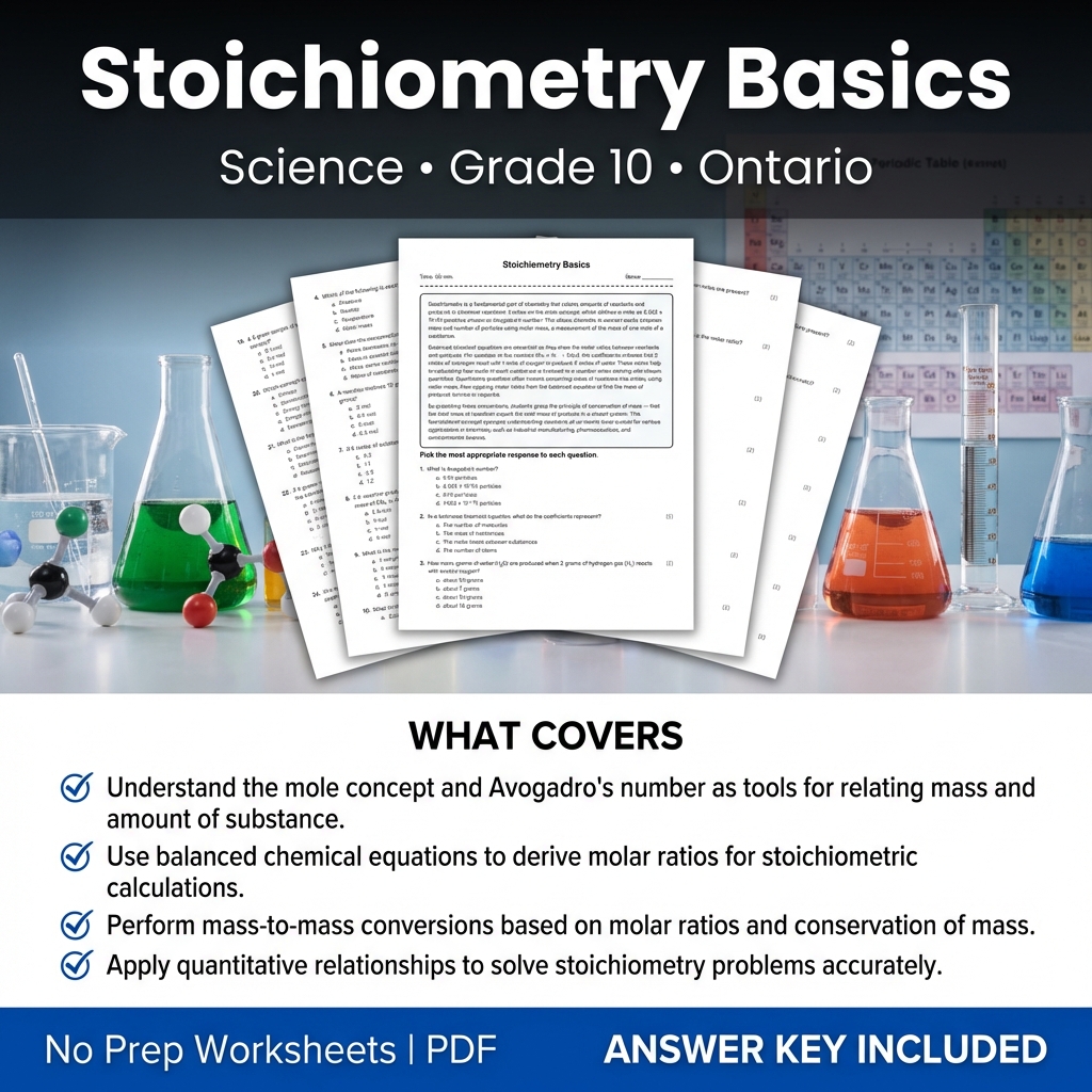 Grade 10 Science Worksheet on Stoichiometry Basics | Ontario Standards