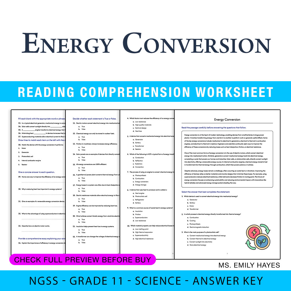 Grade 11 Science worksheet worksheet — 11th Grade Science | Energy Conversion Worksheet (PDF + Answer Key) — page 1