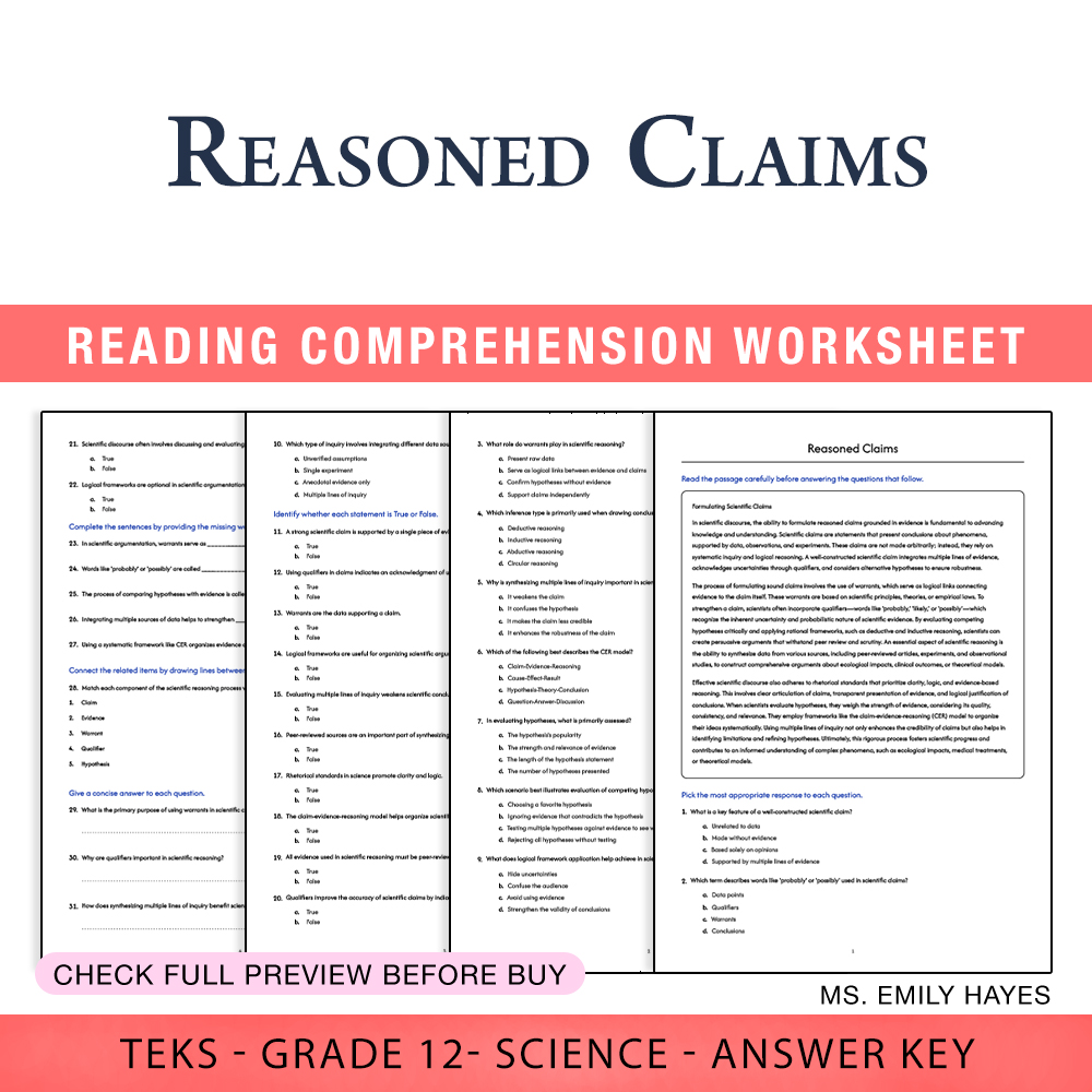 Grade 12 Science worksheet worksheet — 12th Grade Science | Reasoned Claims Worksheet (PDF+ Answer Key) — page 1