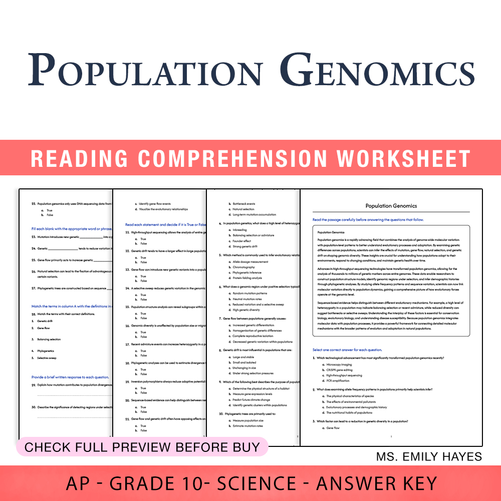 Grade 10 Science worksheet worksheet — Grade 10 Science | Population Genomics Worksheet (PDF+ Answer Key) — page 1