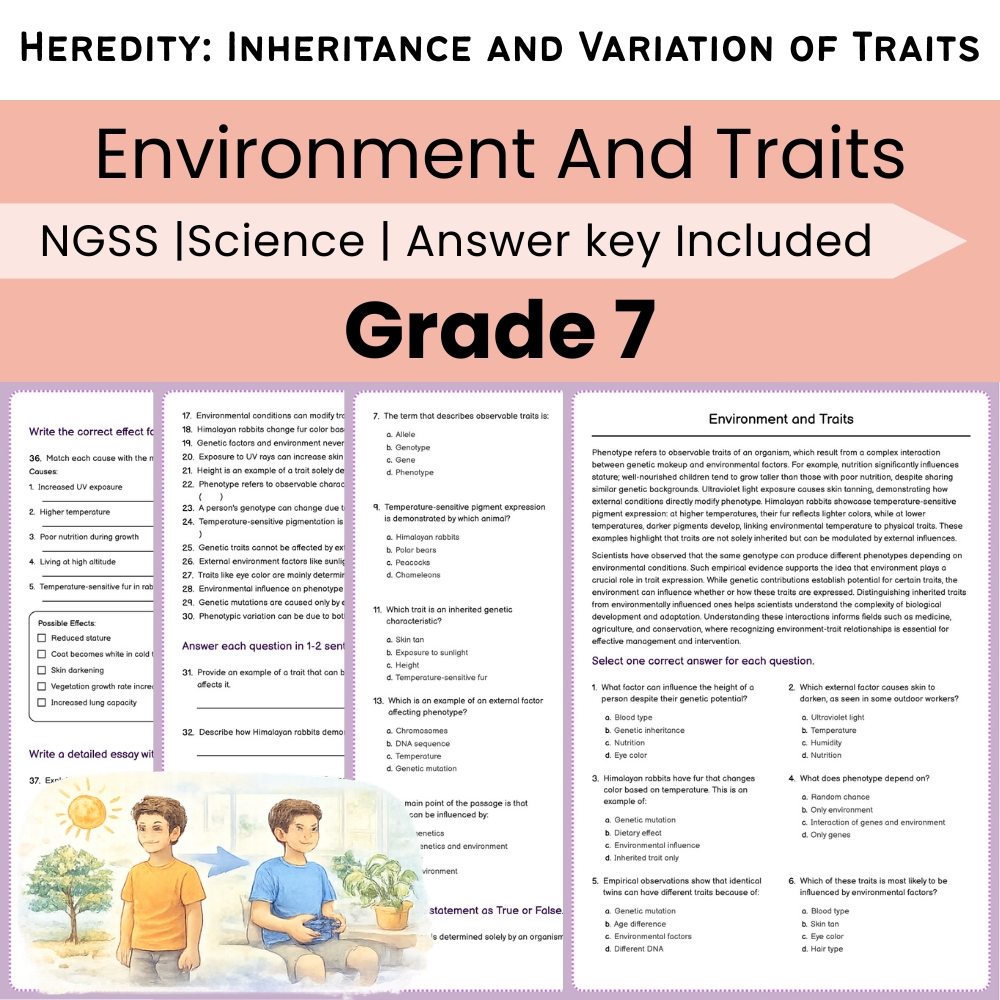 Grade 7 Science Worksheet Pack | Heredity and Trait Inheritance NGSS Bundle — included worksheet 2