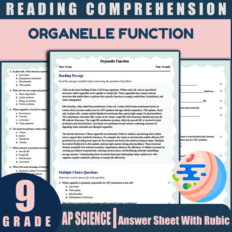 Grade 9 Science reading worksheets worksheet — Grade 9 Science | Organelle Function Reading Worksheets (PDF + Rubric) — pa…