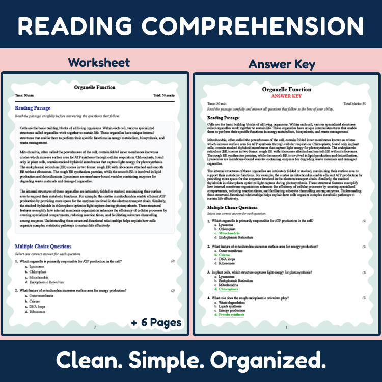 Grade 9 Science reading worksheets worksheet — Grade 9 Science | Organelle Function Reading Worksheets (PDF + Rubric) — pa…