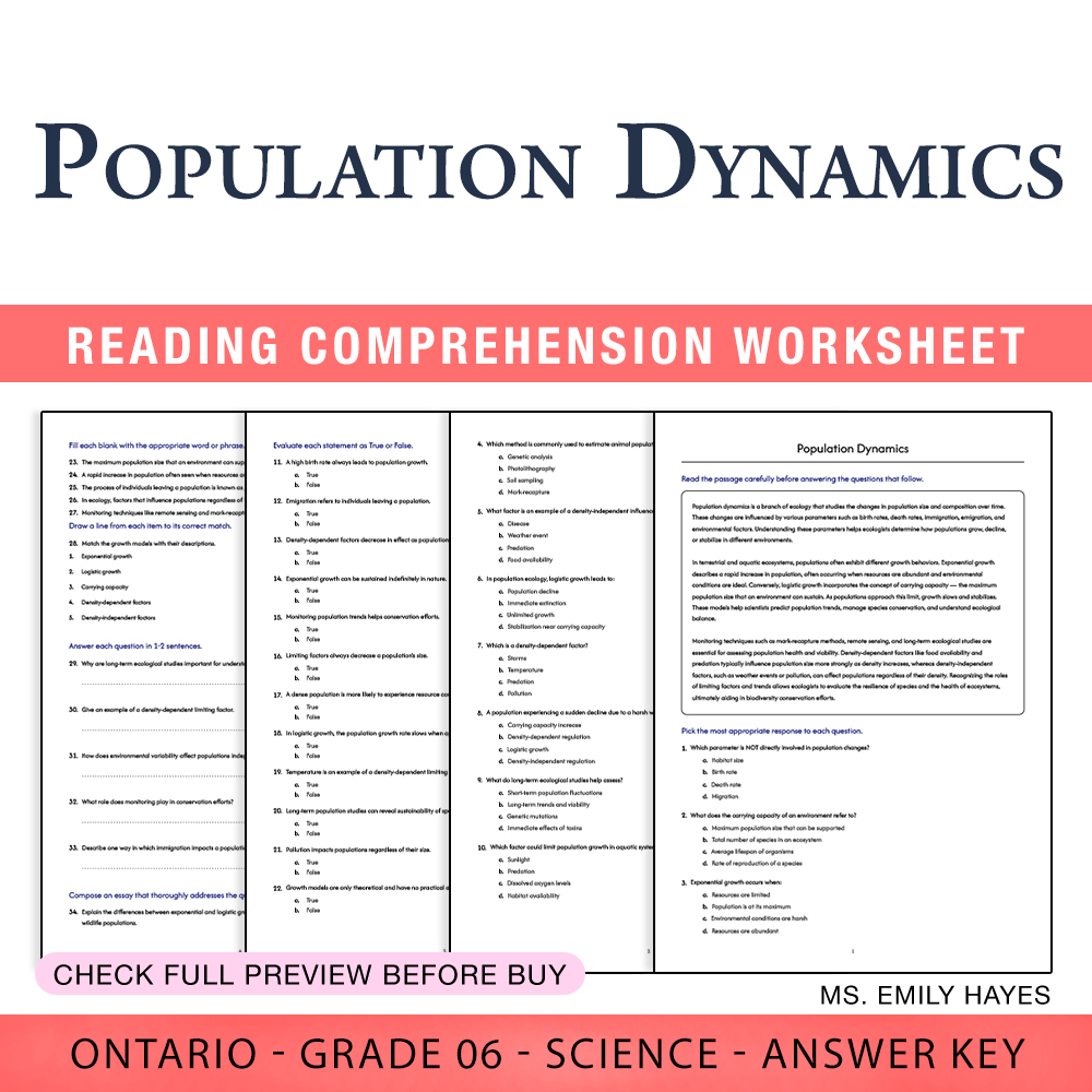 Grade 6 Science worksheet worksheet — 6th Grade Science | Population Dynamics Worksheet (PDF+ Answer Key) — page 1