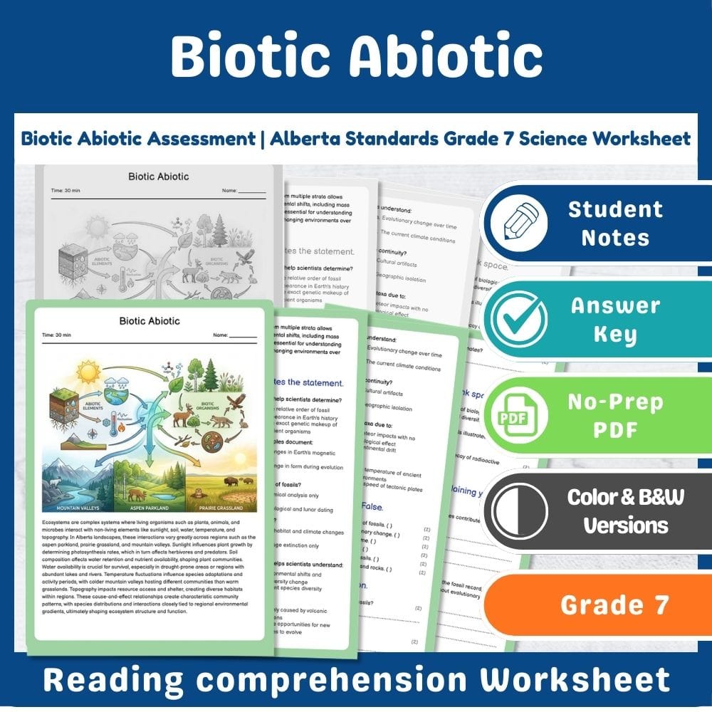 Grade 7 Science assessment worksheet — Biotic Abiotic Assessment | Alberta Standards Grade 7 Science Worksheet — page 1