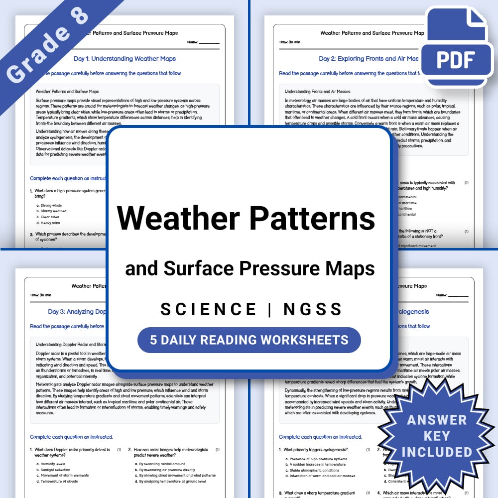 Grade 8 Science daily reading worksheet worksheet — Grade 8 Science – Weather Maps and Surface Pressure Worksheet(PDF + An…