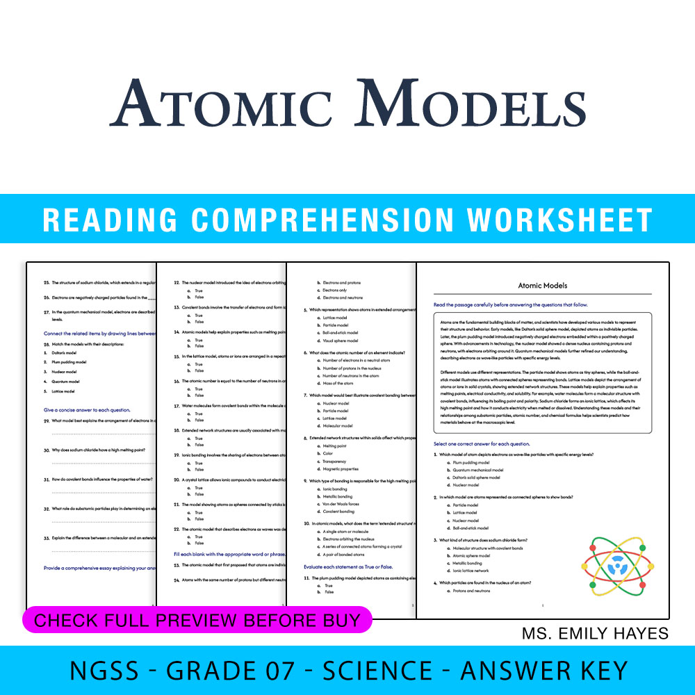 Grade 7 Science worksheet worksheet — Grade 7 Science | Atomic Models Worksheet (PDF +Answer Key) — page 1