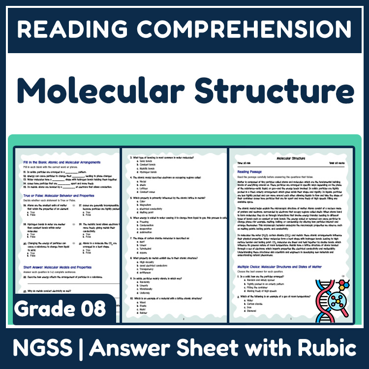 Grade 8 Science reading worksheets worksheet — 8th Grade Science | Molecular Structure Reading Worksheets (NGSS Aligned) —…