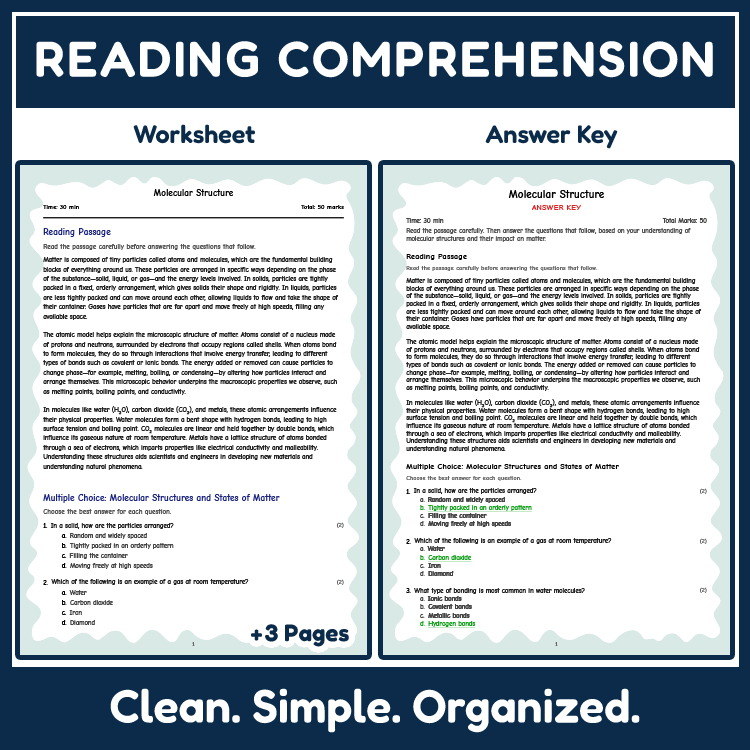 Grade 8 Science reading worksheets worksheet — 8th Grade Science | Molecular Structure Reading Worksheets (NGSS Aligned) —…