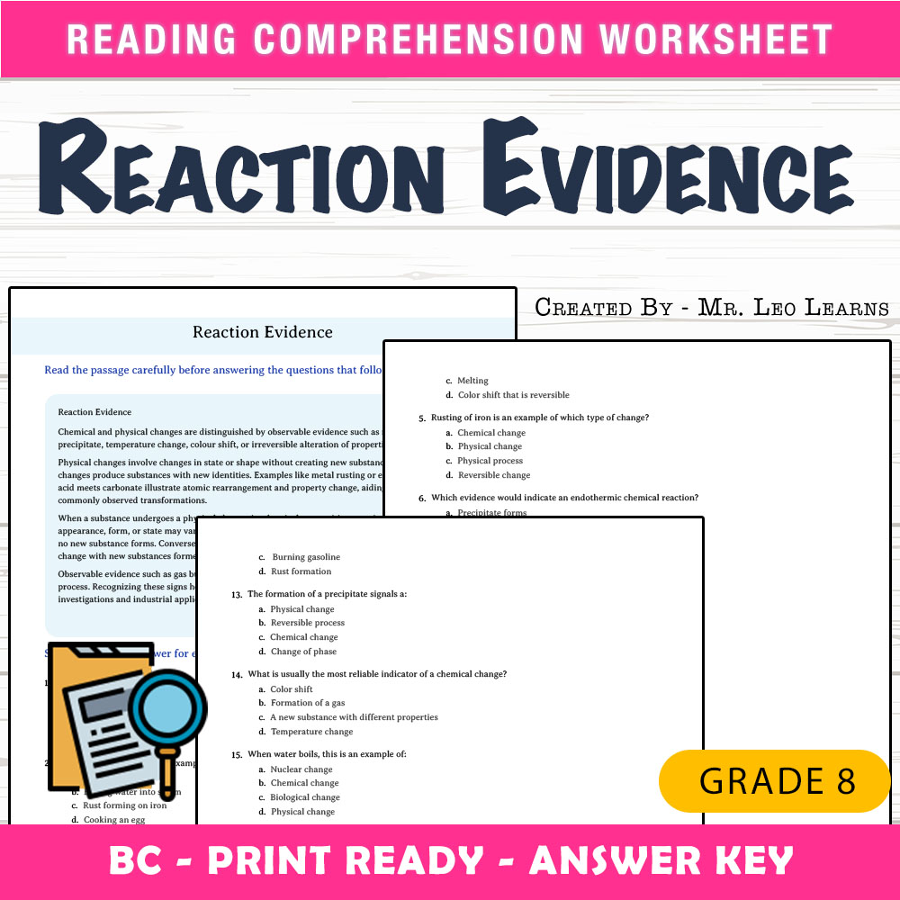 Grade 8 Science worksheet mcq paper worksheet — Grade 8 Science — Worksheet MCQ Paper for Mastering Reaction Evidence — pa…