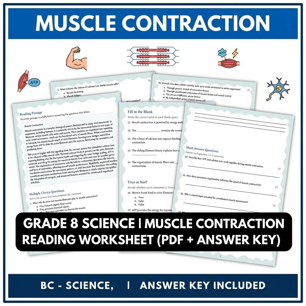 Grade 8 Science | Muscle Contraction Reading Worksheet (PDF + Answer Key)