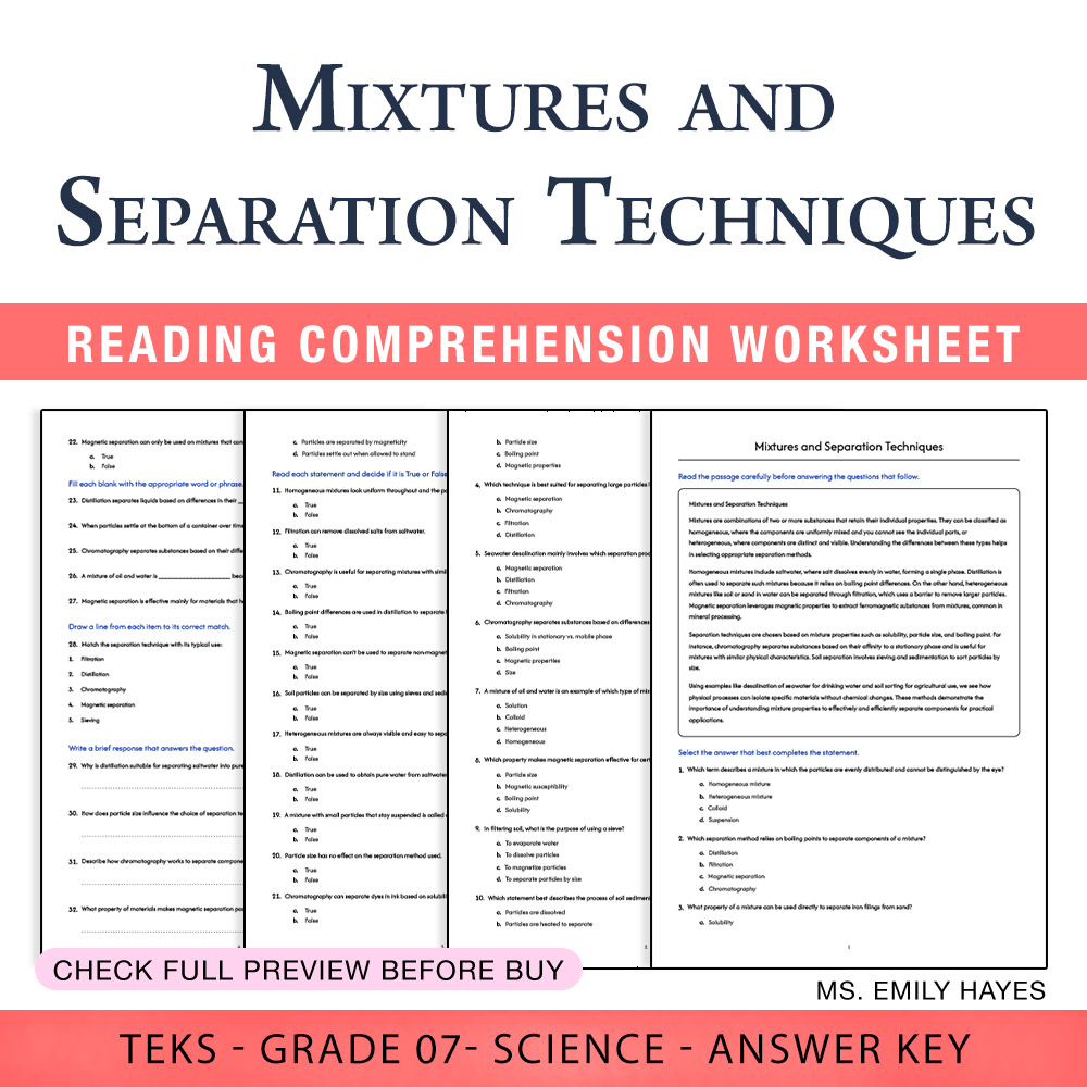 Grade 7 Science worksheet worksheet — 7th Grade Science | Mixtures & Separation Techniques Worksheet(PDF + Answer Key) — p…