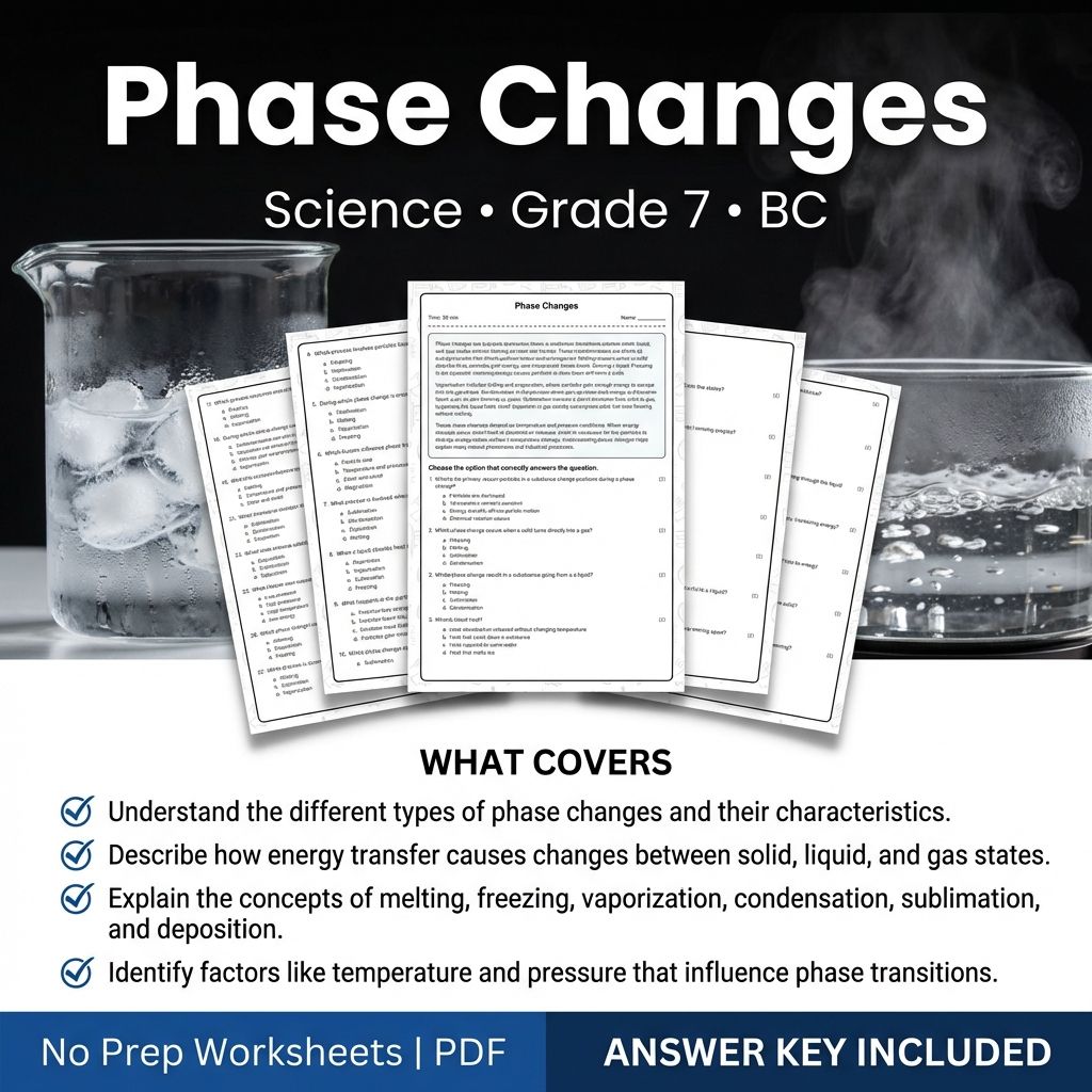 Grade 7 Science | Phase Changes Worksheet & Answer Key (Printable PDF)