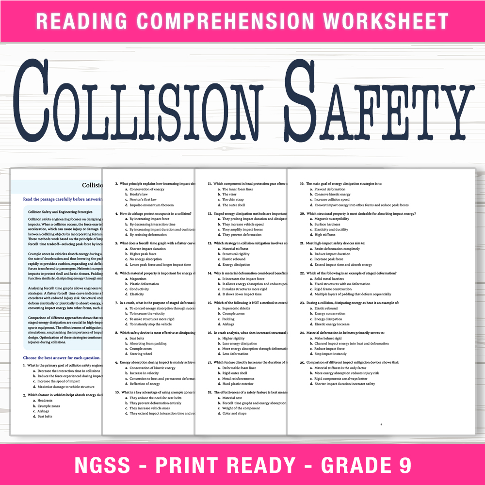 Grade 9 Science worksheet worksheet — Grade 9 Science | Collision Safety Worksheet (PDF + Answer Key) — page 1