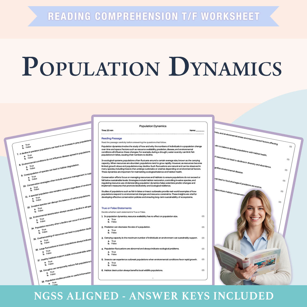 Science reading comprehensions true or false worksheet worksheet — 6th Grade Science|Population Dynamics True or False Wor…