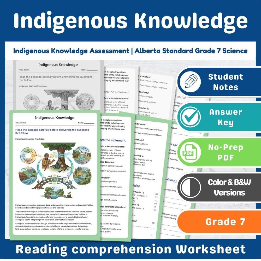 Grade 7 Science assessment worksheet — Indigenous Knowledge Assessment | Alberta Standard Grade 7 Science — page 1