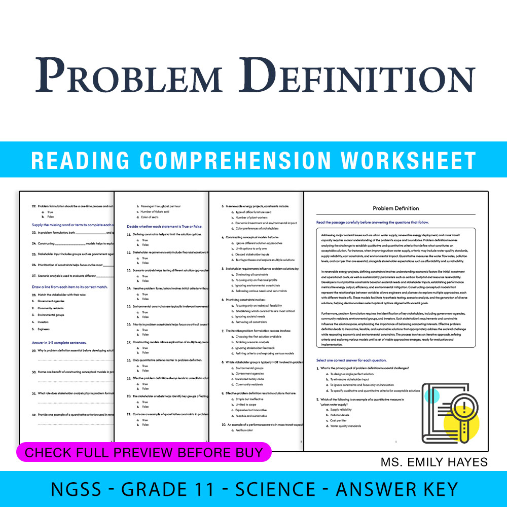 Grade 11 Science worksheet — Grade 11 Science | Problem Definition Worksheet (PDF + Answer Key) — page 1
