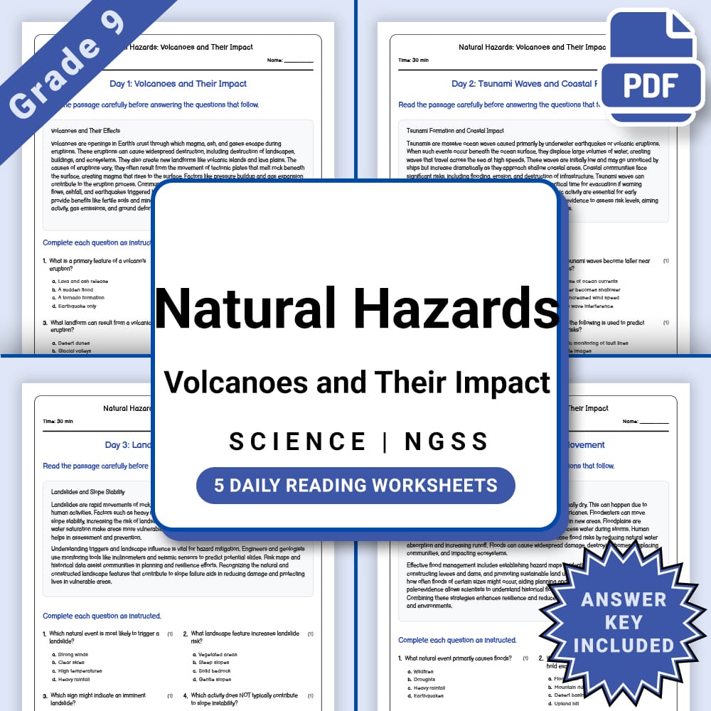 Grade 9 Science daily reading worksheet worksheet — Grade 9 Science – Natural Hazards Volcanoes Worksheet(PDF + Answer Key…