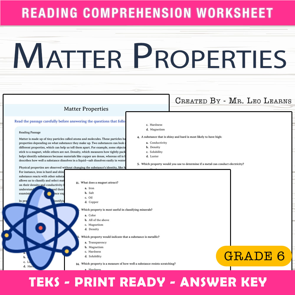 Grade 6 Science worksheet worksheet — Grade 6 Science – Matter Properties Worksheet for Mastery — page 1