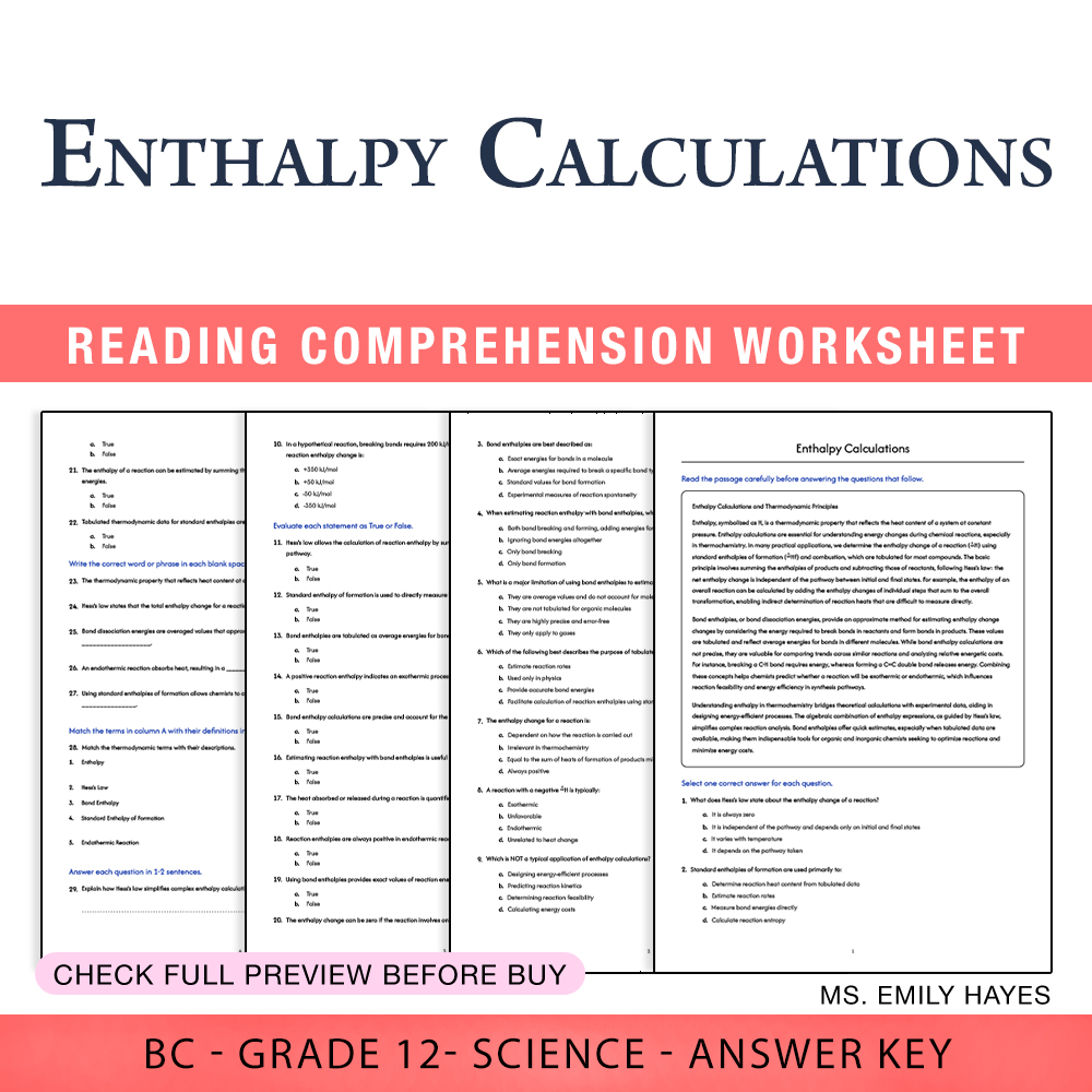 Grade 12 Science worksheet worksheet — 12th Grade Science | Enthalpy Calculations Worksheet (PDF + Answer Key) — page 1