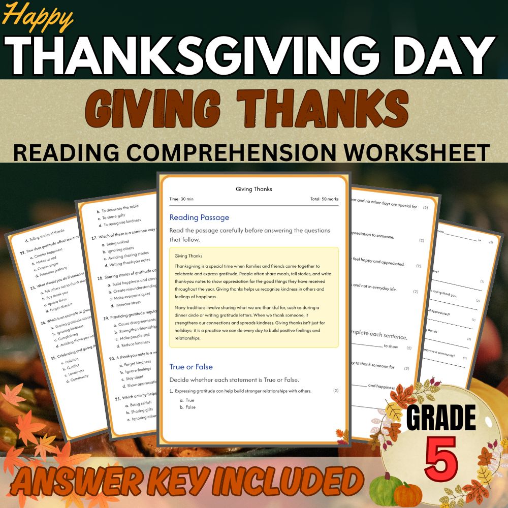 Grade 5 Seasonal Worksheets Bundle| Thanksgiving & Harvest Traditions Activities — included worksheet 2