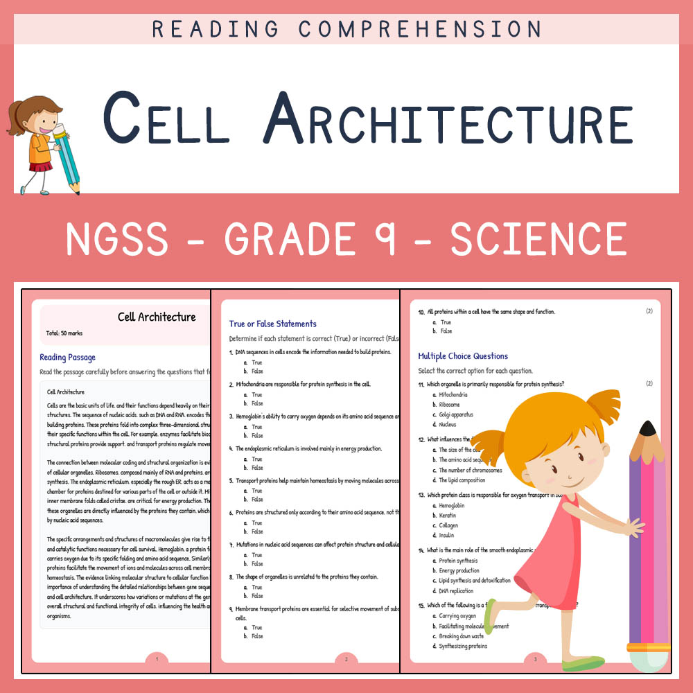 Grade 9 Science worksheet worksheet — Grade 9 Science | Cell Architecture Worksheet with Answer Key (PDF) — page 1