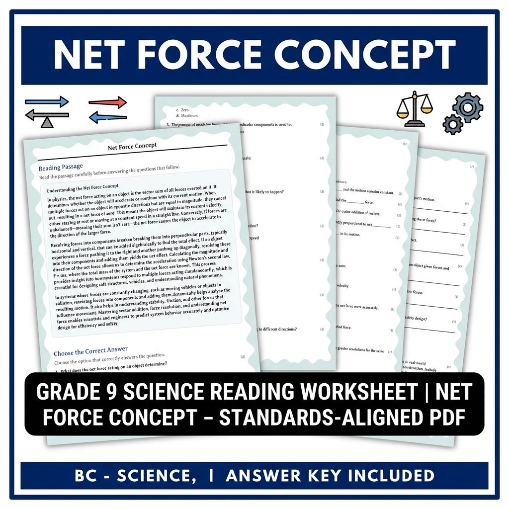 Grade 9 Science Reading Worksheet | Net Force Concept – Standards-Aligned PDF