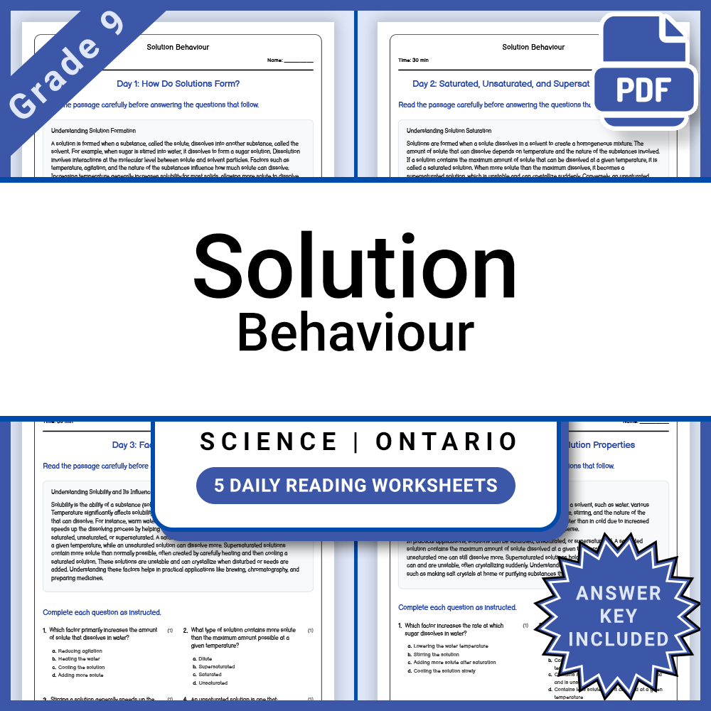 Grade 9 Science Lesson Group: Ontario Curriculum Daily Reading Worksheets — included worksheet 8