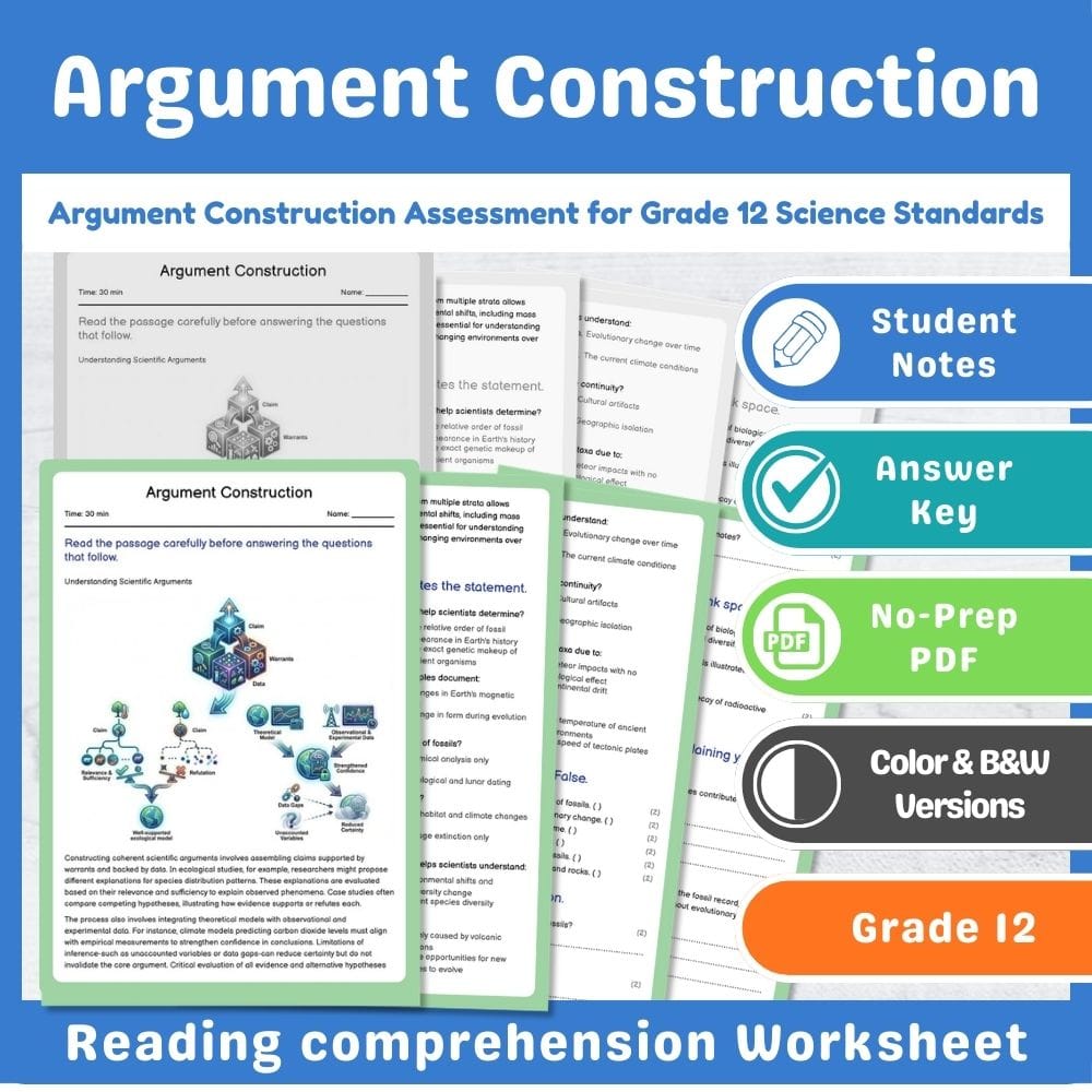 Grade 12 Science assessment worksheet — Argument Construction Assessment for Grade 12 Science Standards — page 1