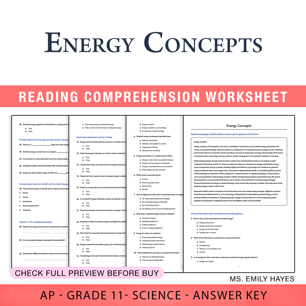 Grade 11 Science worksheet worksheet — 11th Grade Science | Energy Concepts Worksheet (PDF+ Answer Key) — page 1
